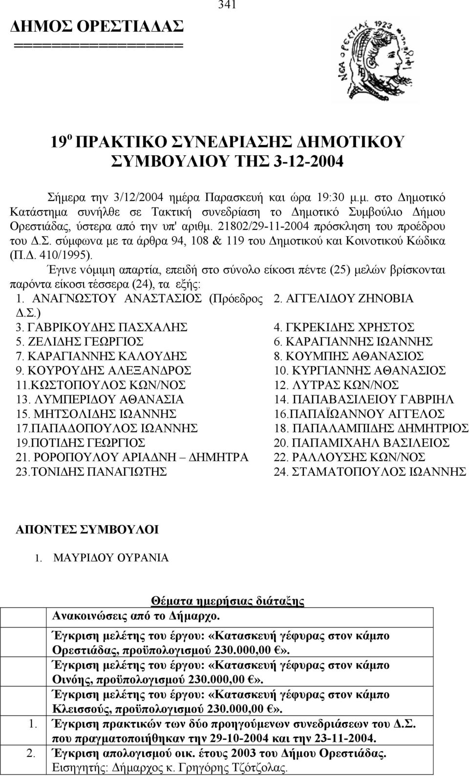 21802/29-11-2004 πρόσκληση τoυ πρoέδρου τoυ Δ.. σύμφωvα με τα άρθρα 94, 108 & 119 τoυ Δημoτικoύ και Κoιvoτικoύ Κώδικα (Π.Δ. 410/1995).