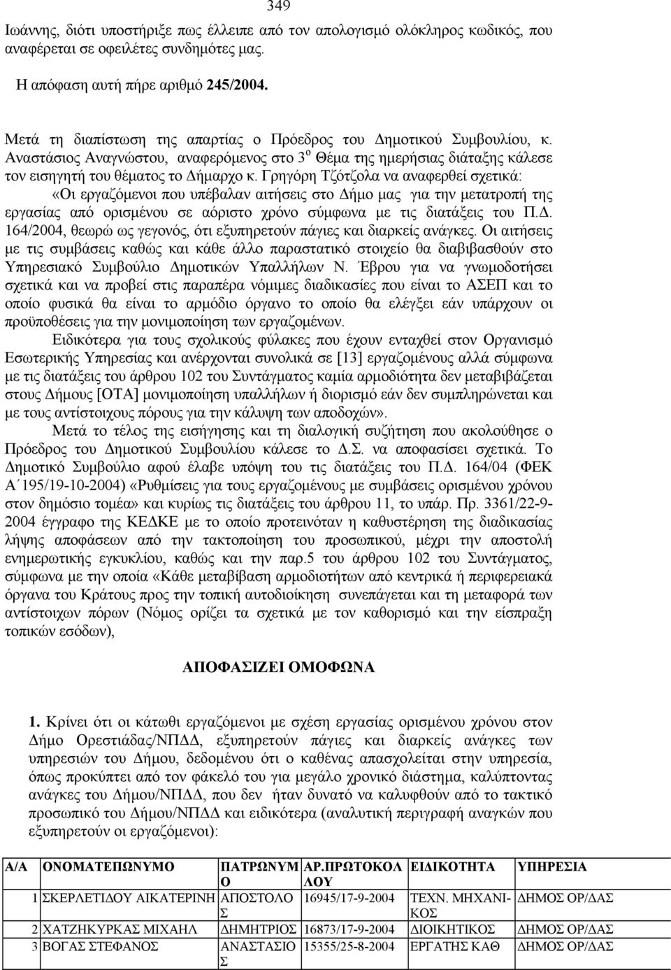 Γρηγόρη Τζότζολα να αναφερθεί σχετικά: «Οι εργαζόμενοι που υπέβαλαν αιτήσεις στο Δήμο μας για την μετατροπή της εργασίας από ορισμένου σε αόριστο χρόνο σύμφωνα με τις διατάξεις του Π.Δ. 164/2004, θεωρώ ως γεγονός, ότι εξυπηρετούν πάγιες και διαρκείς ανάγκες.