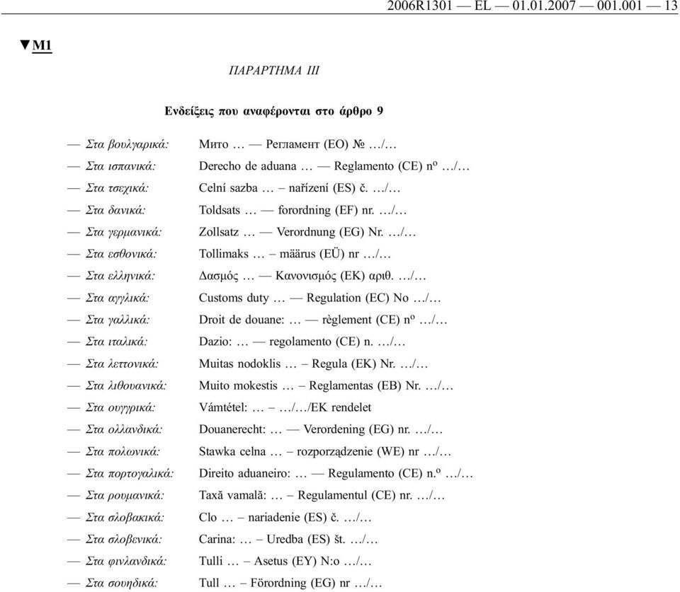 / Στα δανικά: Toldsats forordning (EF) nr. / Στα γερμανικά: Zollsatz Verordnung (EG) Nr. / Στα εσθονικά: Tollimaks määrus (EÜ) nr / Στα ελληνικά: Δασμός Κανονισμός (ΕΚ) αριθ.