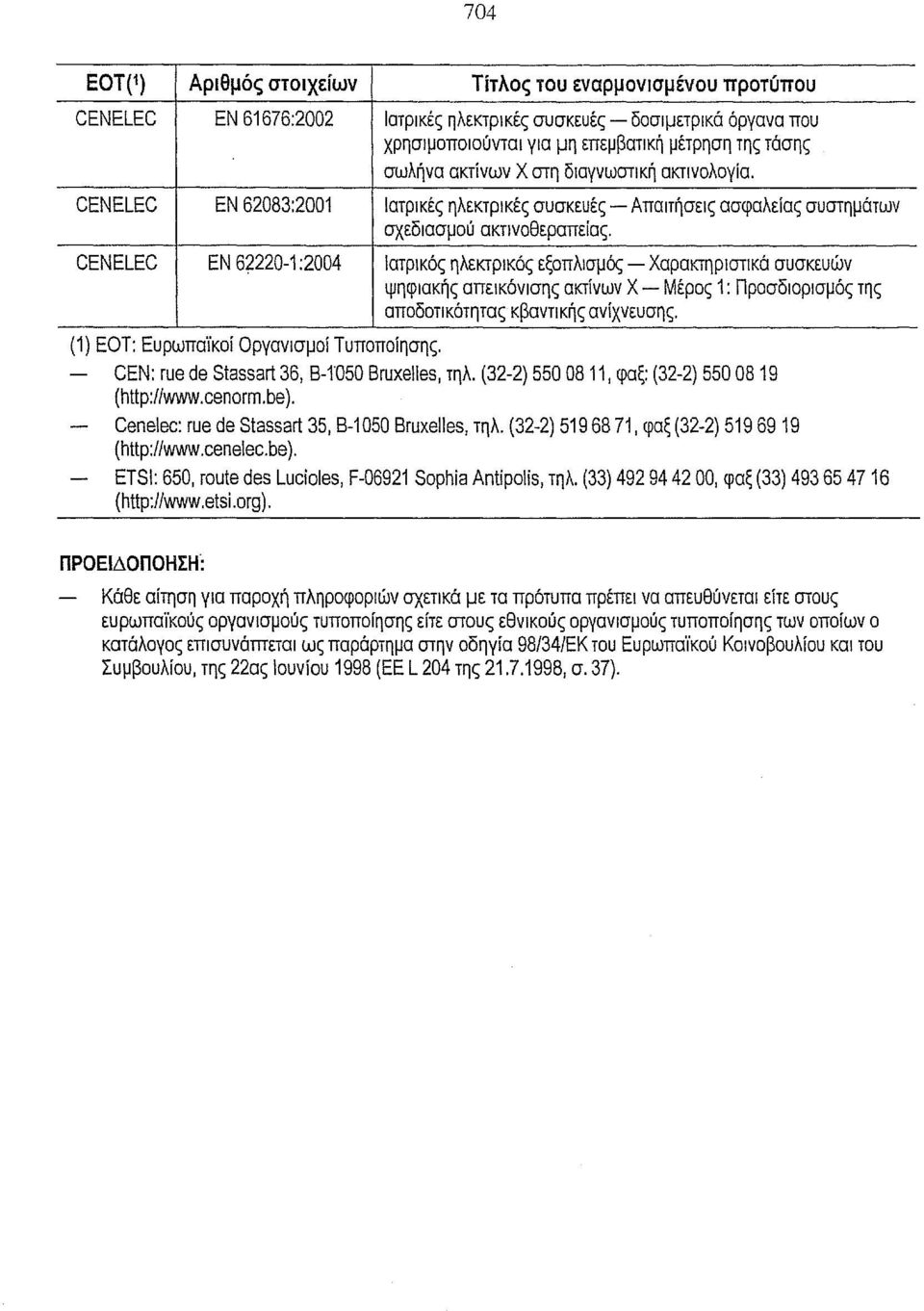 CENELEC ΕΝ 62220-1 :2004 Ιατρικός ηλεκτρικός εξοπλισμός - Χαρακτηριστικά συσκευών ψηφιακής απεικόνισης ακτίνων Χ - Μέρος 1: Προσδιορισμός της αποδοτικότητας κβαντικής ανίχνευσης.