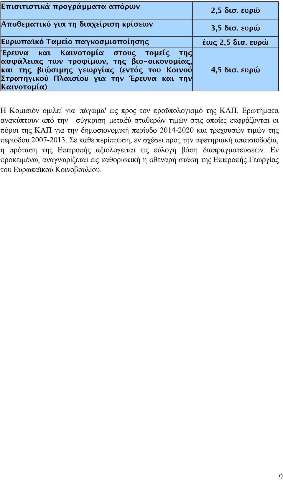 ευρώ Η Κοµισιόν οµιλεί για 'πάγωµα' ως προς τον προϋπολογισµό της ΚΑΠ.