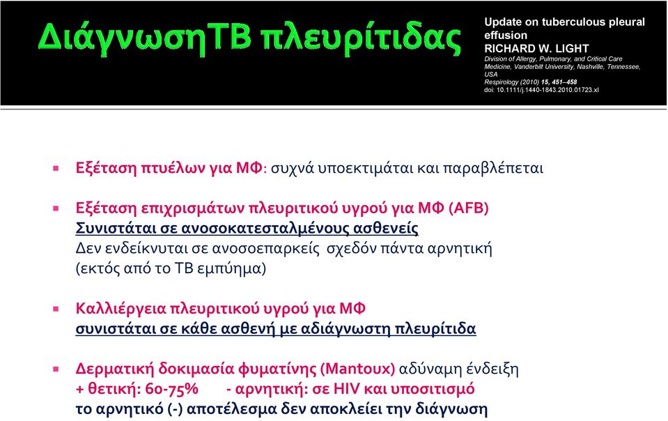 xI Εξέταση πτυέλων για ΜΦ: συχνά υποεκτιμάται και παραβλέπεται Εξέταση επιχρισμάτων πλευριτικού υγρού για ΜΦ (AFB) Συνιστάται σε ανοσοκατεσταλμένους ασθενείς Δεν ενδείκνυται σε