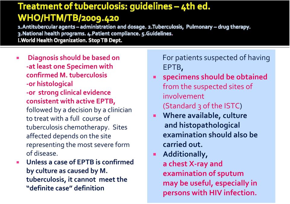 Sites affected depends on the site representing the most severe form of disease. Unless a case of EPTB is confirmed by culture as caused by M.