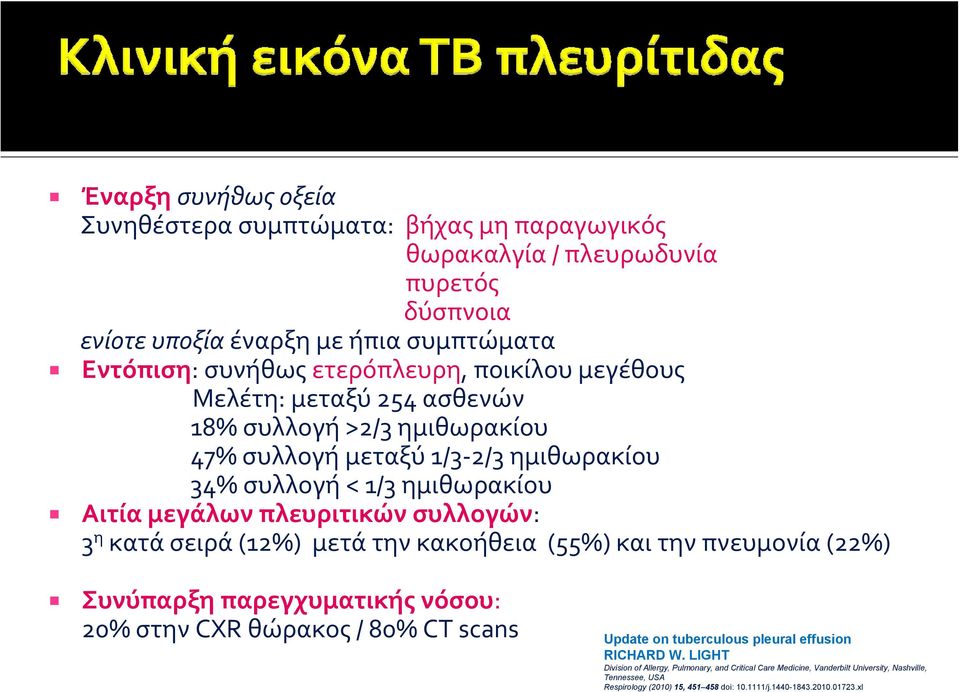 κατά σειρά (12%) μετά την κακοήθεια (55%) και την πνευμονία (22%) Συνύπαρξη παρεγχυματικής νόσου: 20% στην CXR θώρακος / 80% CT scans Update on tuberculous pleural effusion RICHARD W.