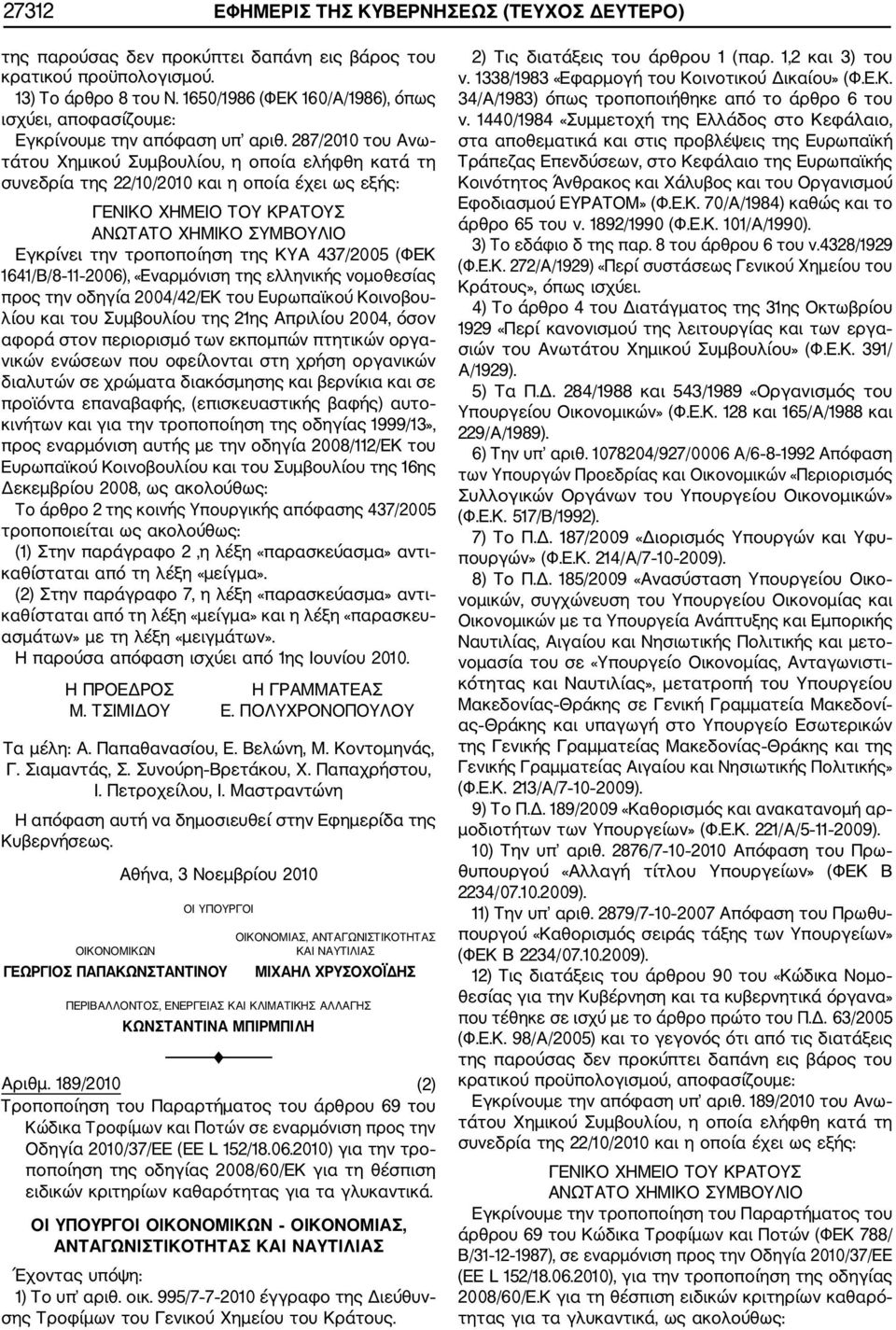 287/2010 του Ανω τάτου Χημικού Συμβουλίου, η οποία ελήφθη κατά τη συνεδρία της 22/10/2010 και η οποία έχει ΓΕΝΙΚΟ ΧΗΜΕΙΟ ΤΟΥ ΚΡΑΤΟΥΣ ΑΝΩΤΑΤΟ ΧΗΜΙΚΟ ΣΥΜΒΟΥΛΙΟ Εγκρίνει την τροποποίηση της ΚΥΑ 437/2005