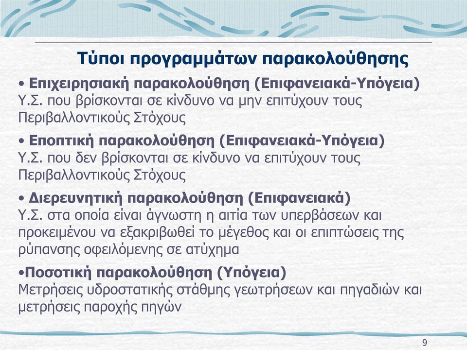 όχους Εποπτική παρακολούθηση (Επιφανειακά-Υπόγεια) Υ.Σ.