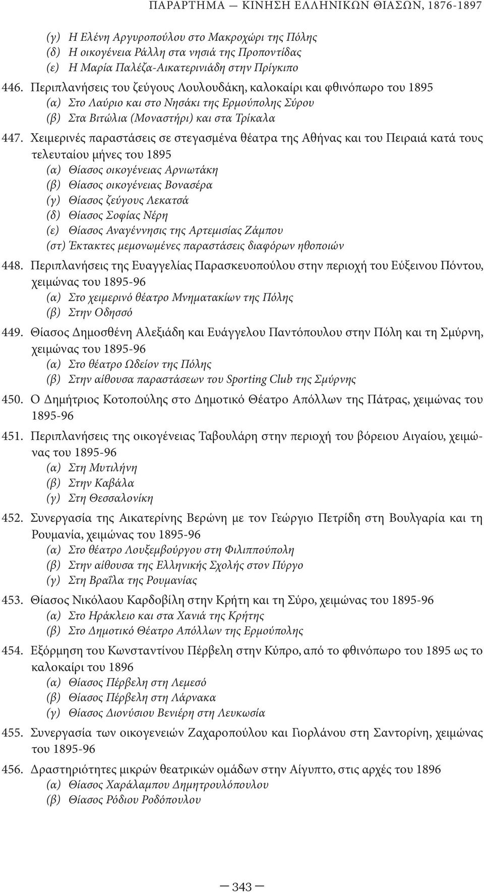 Χειμερινές παραστάσεις σε στεγασμένα θέατρα της Αθήνας και του Πειραιά κατά τους τελευταίου μήνες του 1895 (α) Θίασος οικογένειας Αρνιωτάκη (β) Θίασος οικογένειας Βονασέρα (γ) Θίασος ζεύγους Λεκατσά