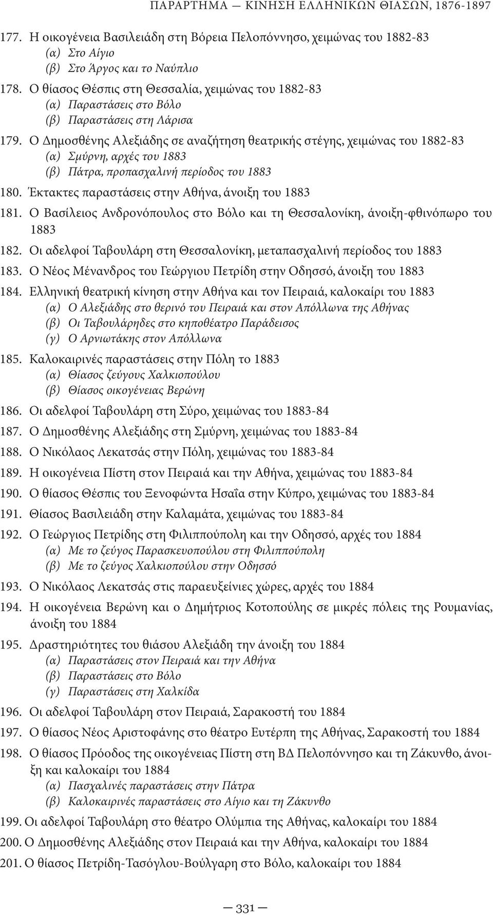 Ο Δημοσθένης Αλεξιάδης σε αναζήτηση θεατρικής στέγης, χειμώνας του 1882-83 (α) Σμύρνη, αρχές του 1883 (β) Πάτρα, προπασχαλινή περίοδος του 1883 180.