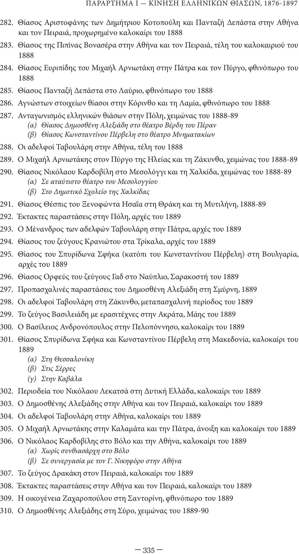 Θίασος Πανταζή Δεπάστα στο Λαύριο, φθινόπωρο του 1888 286. Αγνώστων στοιχείων θίασοι στην Κόρινθο και τη Λαμία, φθινόπωρο του 1888 287.