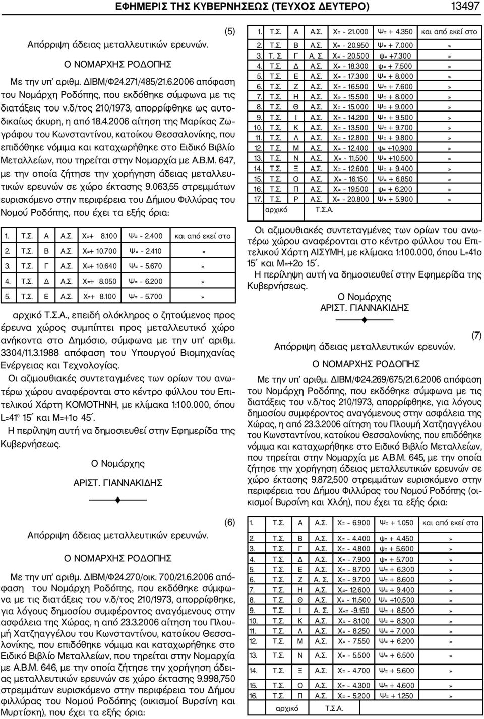 2006 αίτηση της Μαρίκας Ζω γράφου του Κωνσταντίνου, κατοίκου Θεσσαλονίκης, που επιδόθηκε νόμιμα και καταχωρήθηκε στο Ειδικό Βιβλίο Μεταλλείων, που τηρείται στην Νομαρχία με Α.Β.Μ. 647, με την οποία ζήτησε την χορήγηση άδειας μεταλλευ τικών ερευνών σε χώρο έκτασης 9.