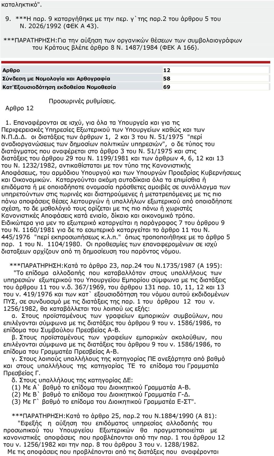 Αρθρο 12 Σύνδεση με Νομολογία και Αρθογραφία 58 Κατ'Εξουσιοδότηση εκδοθείσα Νομοθεσία 69 Αρθρο 12 Προσωρινές ρυθμίσεις. 1. Επαναφέρονται σε ισχύ, για όλα τα Υπουργεία και για τις Περιφερειακές Υπηρεσίες Εξωτερικού των Υπουργείων καθώς και των Ν.