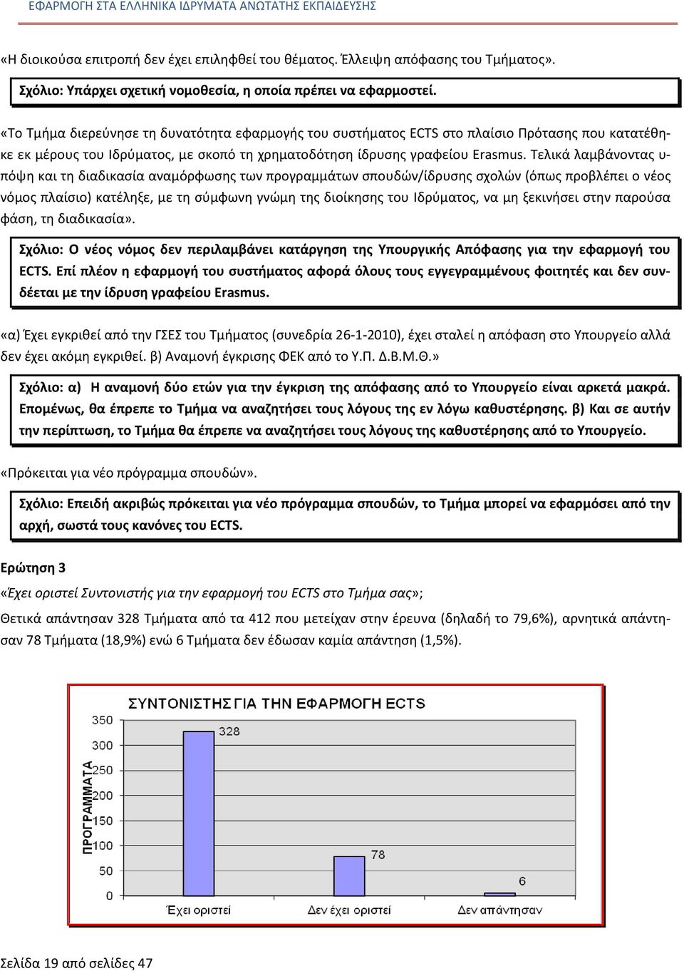 «Το Τμήμα διερεύνησε τη δυνατότητα εφαρμογής του συστήματος ECTS στο πλαίσιο Πρότασης που κατατέθηκε εκ μέρους του Ιδρύματος, με σκοπό τη χρηματοδότηση ίδρυσης γραφείου Erasmus.