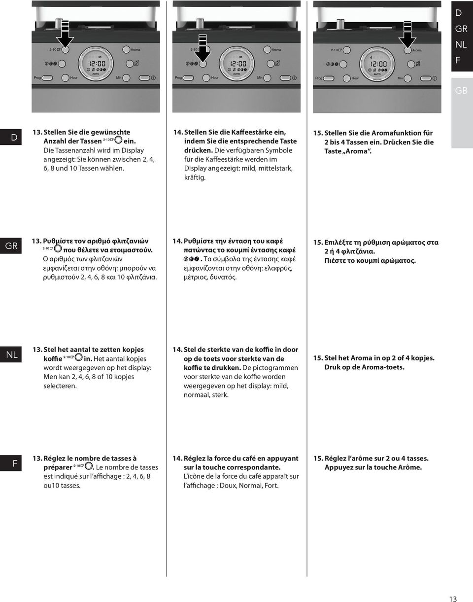 Stellen Sie die Aromafunktion für 2 bis 4 Tassen ein. rücken Sie die Taste Aroma. 13. Ρυθμίστε τον αριθμό φλιτζανιών που θέλετε να ετοιμαστούν.