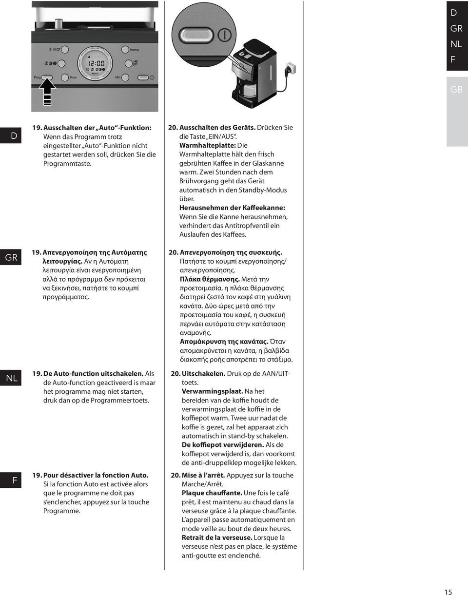 Als de Auto-function geactiveerd is maar het programma mag niet starten, druk dan op de Programmeertoets. 19. Pour désactiver la fonction Auto.