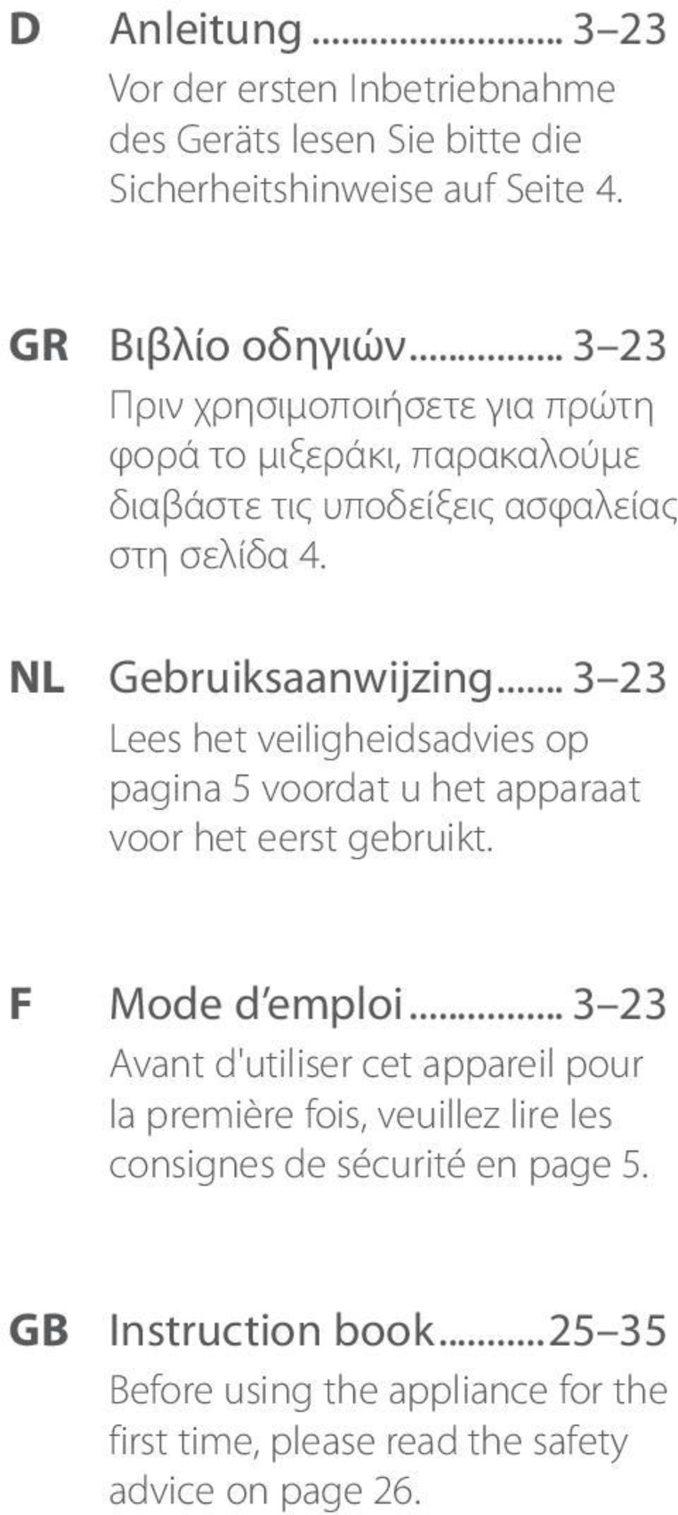 .. 3 23 Lees het veiligheidsadvies op pagina 5 voordat u het apparaat voor het eerst gebruikt. Mode d emploi.