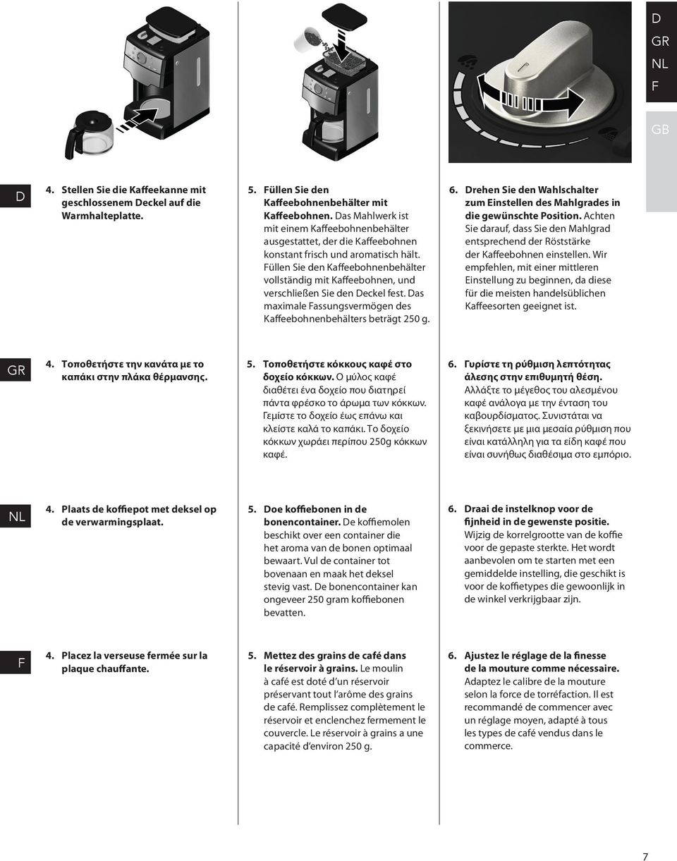 üllen Sie den Kaffeebohnenbehälter vollständig mit Kaffeebohnen, und verschließen Sie den eckel fest. as maximale assungsvermögen des Kaffeebohnenbehälters beträgt 250 g. 6.