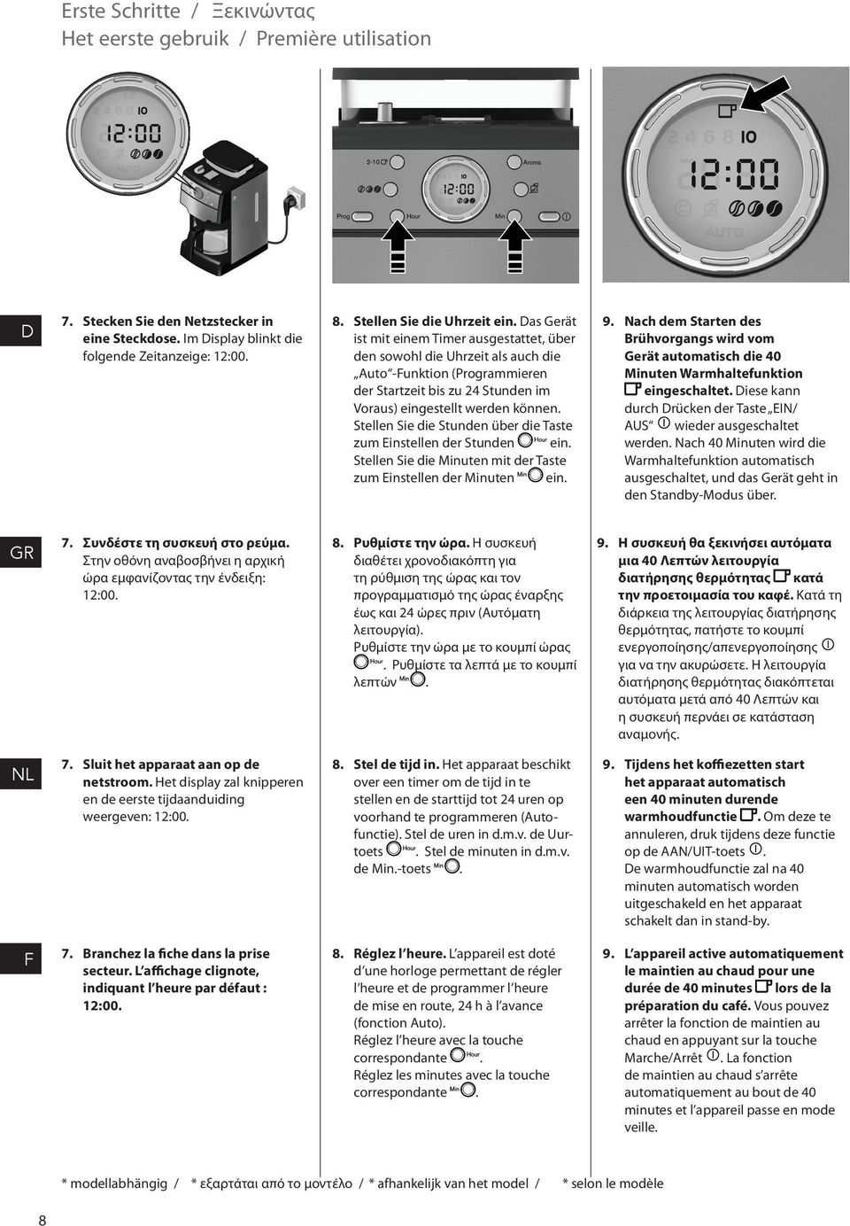 as Gerät ist mit einem Timer ausgestattet, über den sowohl die Uhrzeit als auch die Auto -unktion (Programmieren der Startzeit bis zu 24 Stunden im Voraus) eingestellt werden können.