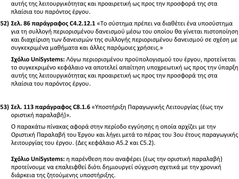 σε σχέση με συγκεκριμένα μαθήματα και άλλες παρόμοιες χρήσεις.» 53) Σελ. 113 παράγραφος C8.1.6 «Υποστήριξη Παραγωγικής Λειτουργίας (έως την οριστική παραλαβή)».