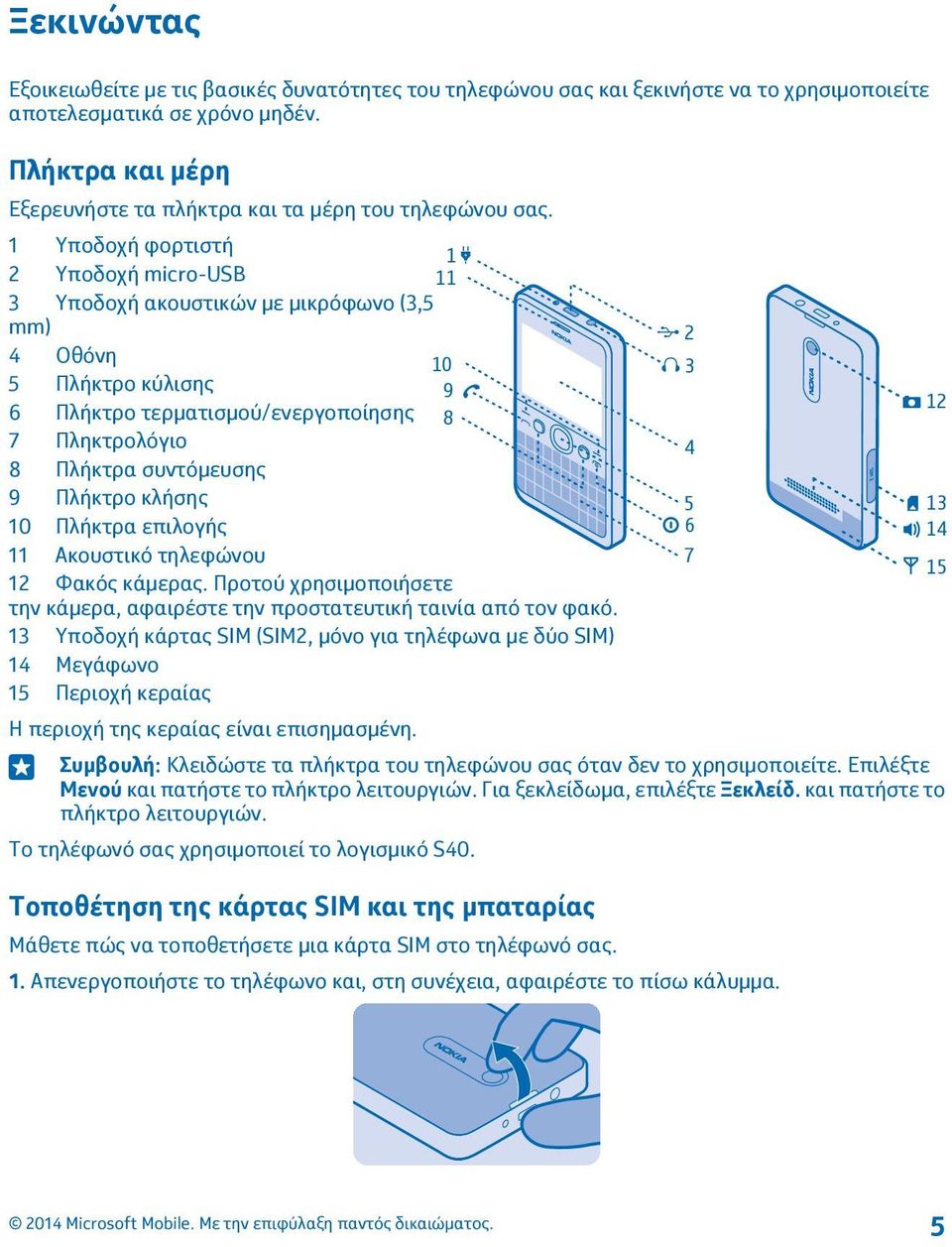 1 Υποδοχή φορτιστή 1 2 Υποδοχή micro-usb 11 3 Υποδοχή ακουστικών με μικρόφωνο (3,5 mm) 4 Οθόνη 5 Πλήκτρο κύλισης 6 Πλήκτρο τερματισμού/ενεργοποίησης 7 Πληκτρολόγιο 8 Πλήκτρα συντόμευσης 9 Πλήκτρο