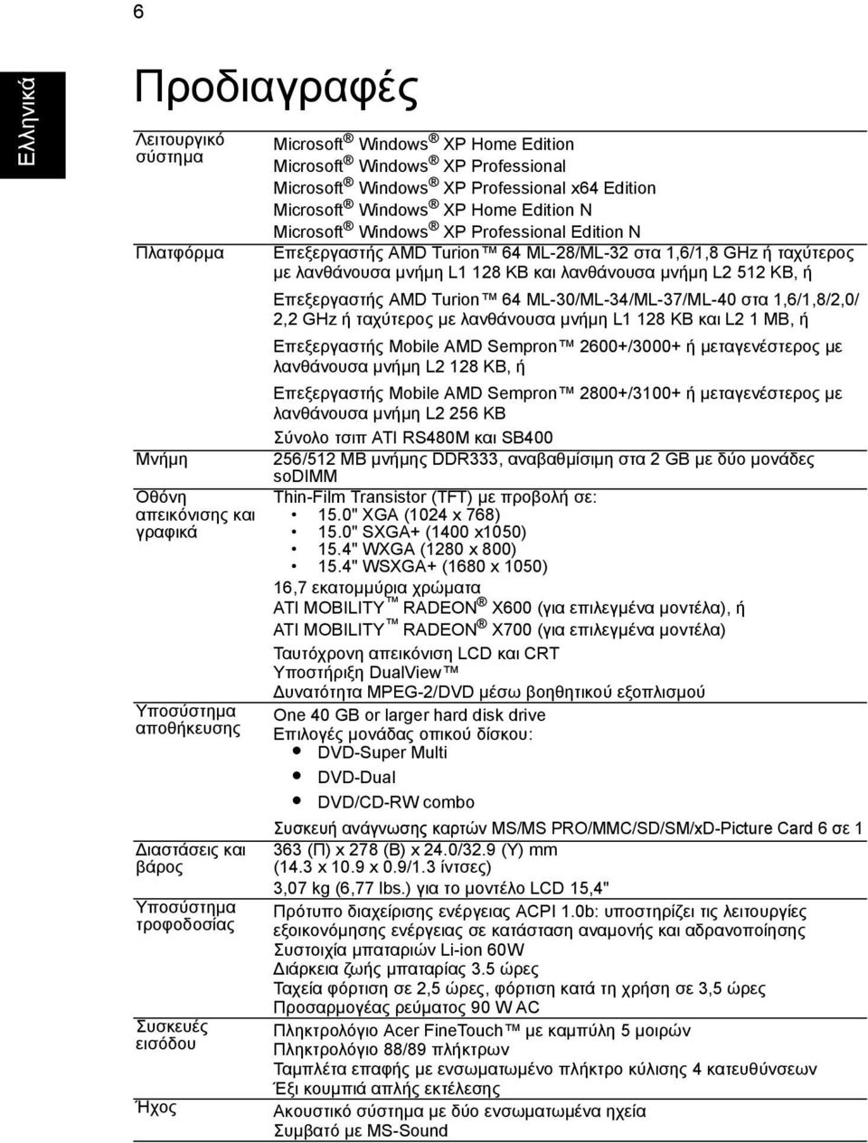 ML-28/ML-32 στα 1,6/1,8 GHz ή ταχύτερος µε λανθάνουσα µνήµη L1 128 KB και λανθάνουσα µνήµη L2 512 KB, ή Επεξεργαστής AMD Turion 64 ML-30/ML-34/ML-37/ML-40 στα 1,6/1,8/2,0/ 2,2 GHz ή ταχύτερος µε