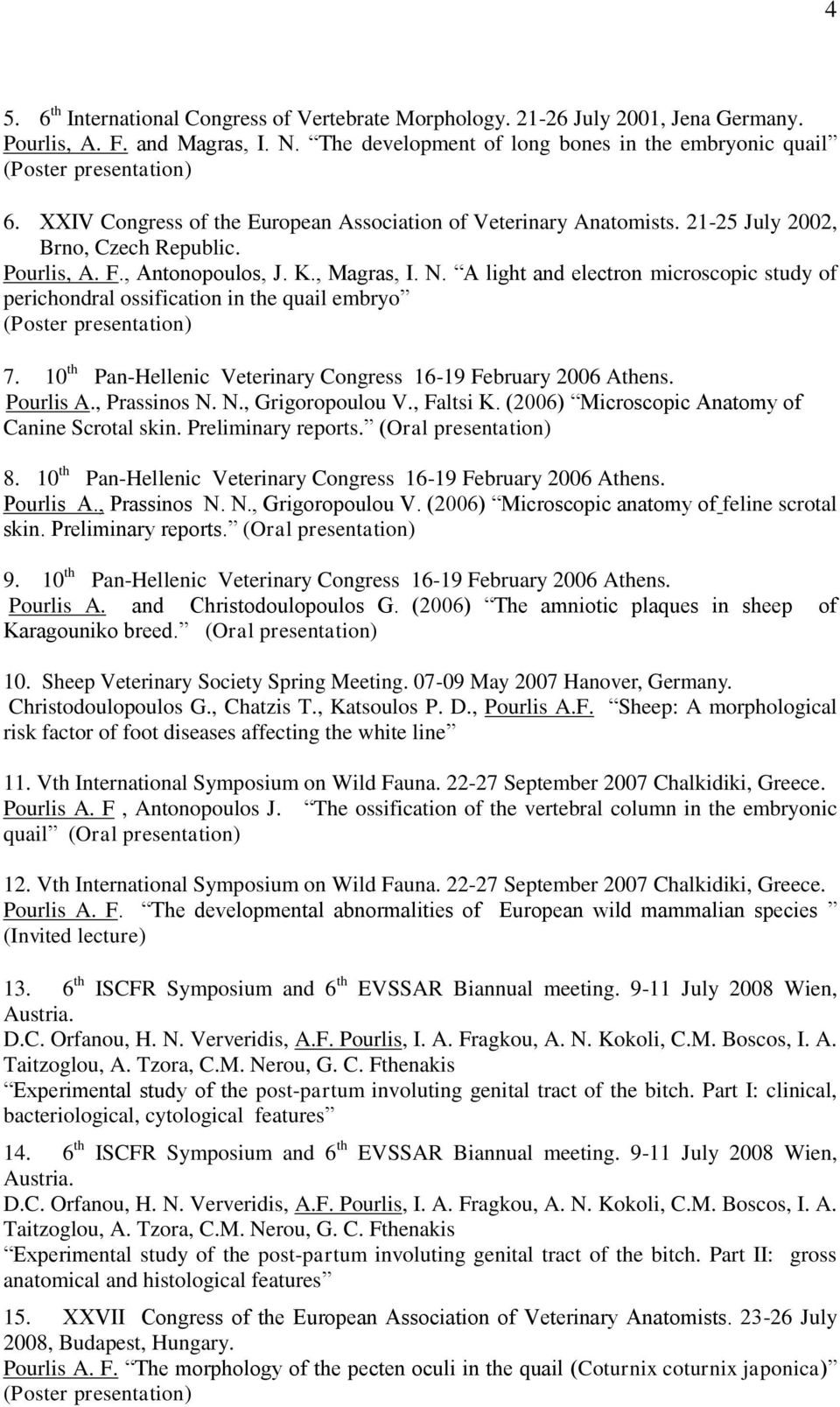 A light and electron microscopic study of perichondral ossification in the quail embryo (Poster presentation) 7. 10 th Pan-Hellenic Veterinary Congress 16-19 February 2006 Athens. Pourlis A.