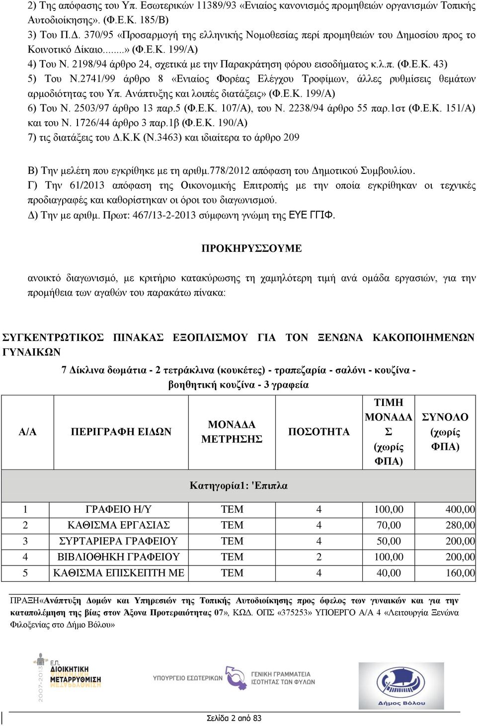 2741/99 άρθρο 8 «Ενιαίος Φορέας Ελέγχου Τροφίμων, άλλες ρυθμίσεις θεμάτων αρμοδιότητας του Υπ. Ανάπτυξης και λοιπές διατάξεις» (Φ.Ε.Κ. 199/Α) 6) Του Ν. 2503/97 άρθρο 13 παρ.5 (Φ.Ε.Κ. 107/Α), του Ν.