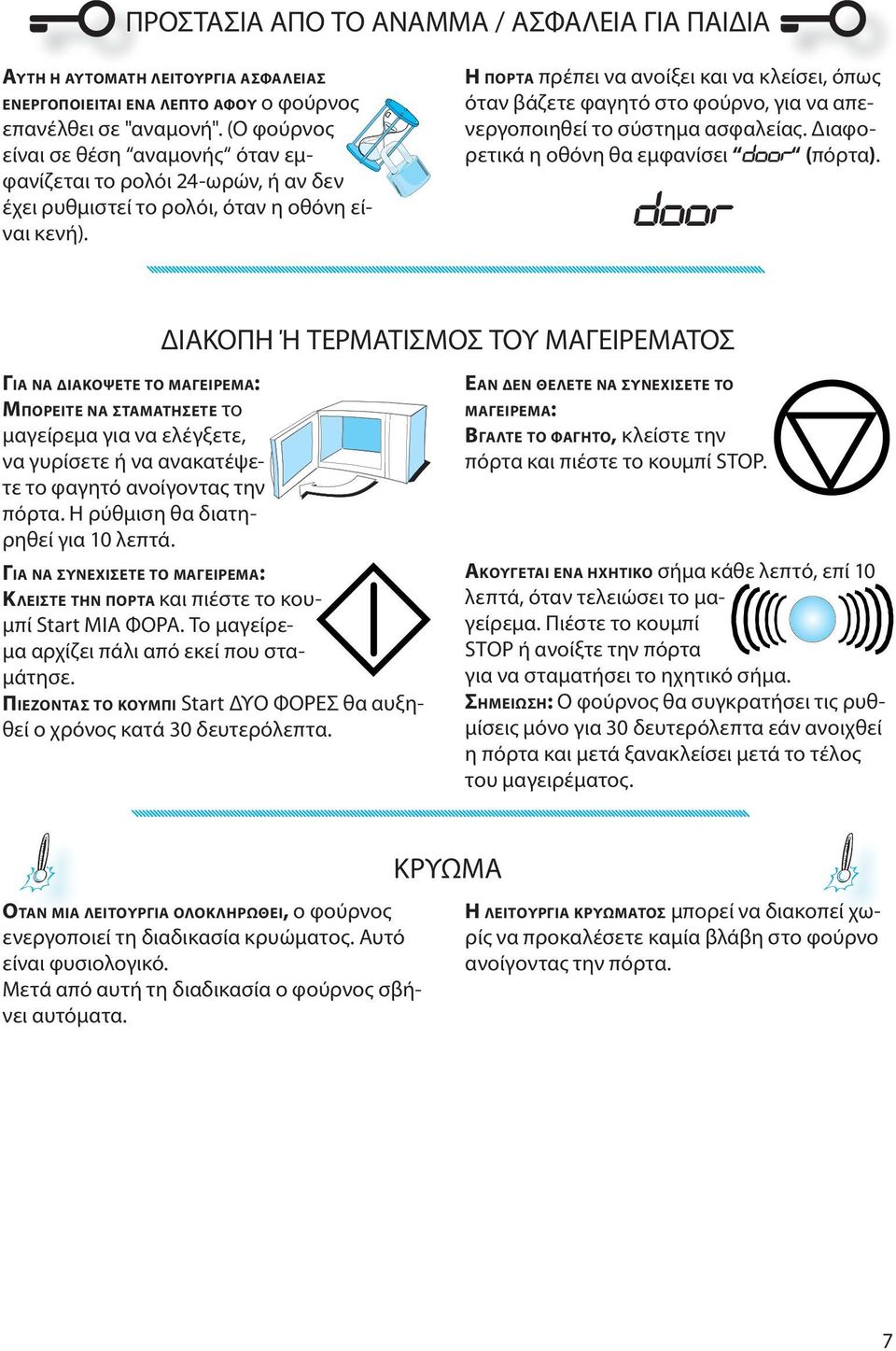 Η ΠΟΡΤΑ πρέπει να ανοίξει και να κλείσει, όπως όταν βάζετε φαγητό στο φούρνο, για να απενεργοποιηθεί το σύστημα ασφαλείας. Διαφορετικά η οθόνη θα εμφανίσει door (πόρτα).