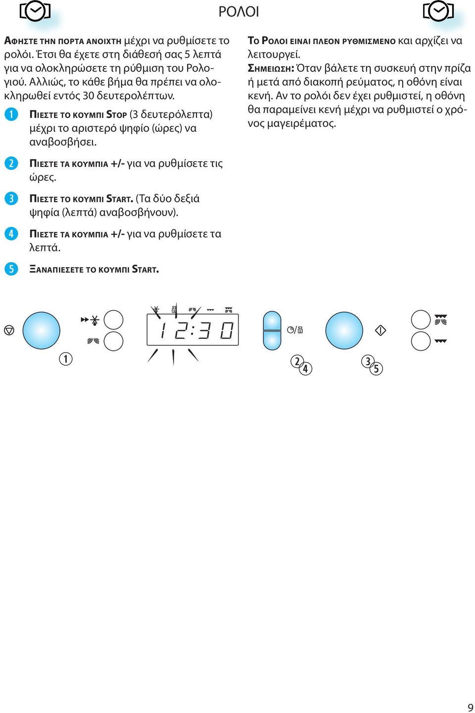 r t ΠΙΕΣΤΕ ΤΑ ΚΟΥMΠΙΑ +/- για να ρυθμίσετε τις ώρες. ΠΙΕΣΤΕ ΤΟ ΚΟΥMΠΙ START. (Τα δύο δεξιά ψηφία (λεπτά) αναβοσβήνουν). ΠΙΕΣΤΕ ΤΑ ΚΟΥMΠΙΑ +/- για να ρυθμίσετε τα λεπτά.