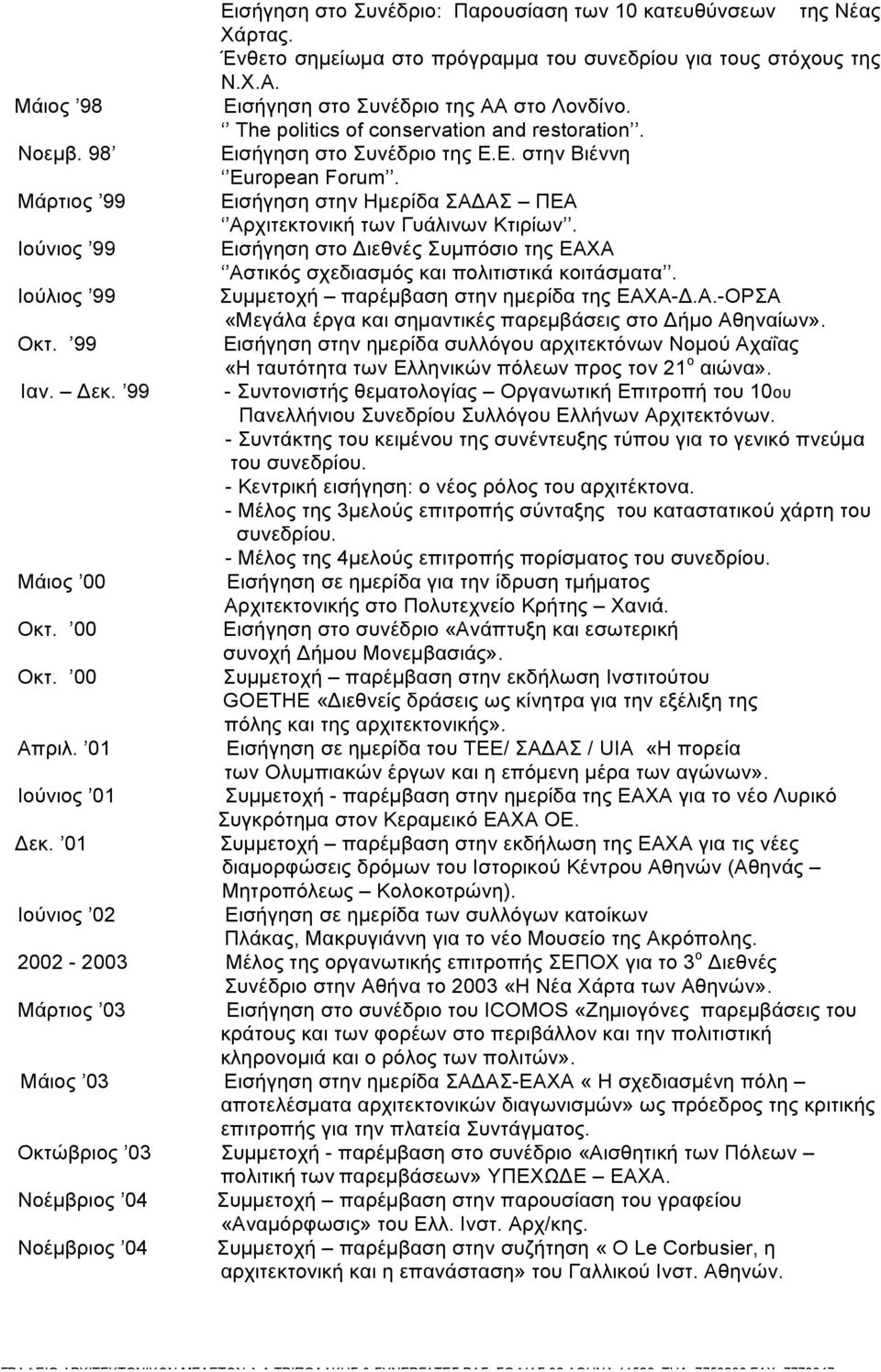 Ιούνιος 99 Εισήγηση στο Διεθνές Συµπόσιο της ΕΑΧΑ Αστικός σχεδιασµός και πολιτιστικά κοιτάσµατα. Ιούλιος 99 Συµµετοχή παρέµβαση στην ηµερίδα της ΕΑΧΑ-Δ.Α.-ΟΡΣΑ «Μεγάλα έργα και σηµαντικές παρεµβάσεις στο Δήµο Αθηναίων».