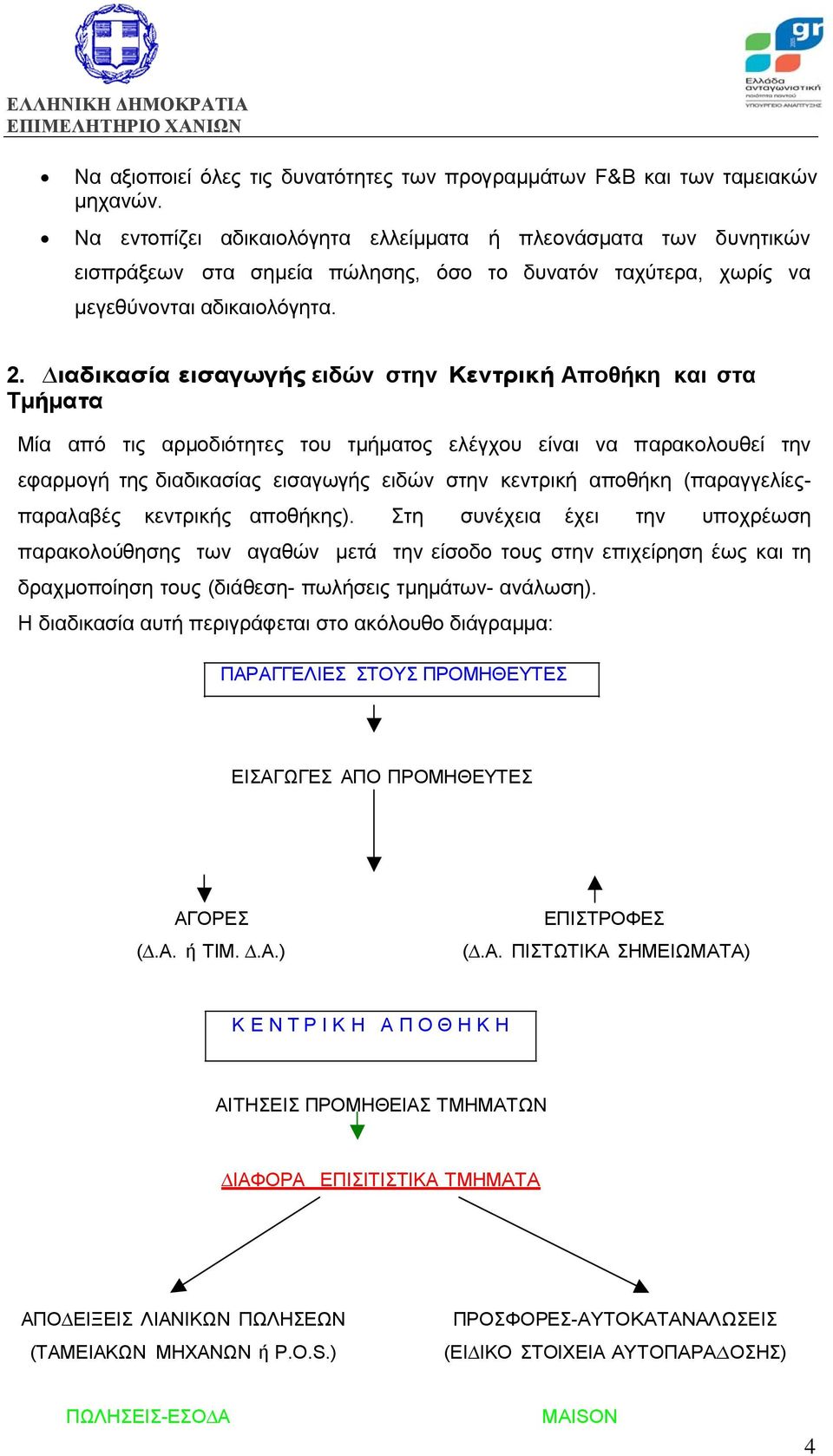 ιαδικασία εισαγωγής ειδών στην Κεντρική Αποθήκη και στα Τµήµατα Μία από τις αρµοδιότητες του τµήµατος ελέγχου είναι να παρακολουθεί την εφαρµογή της διαδικασίας εισαγωγής ειδών στην κεντρική αποθήκη