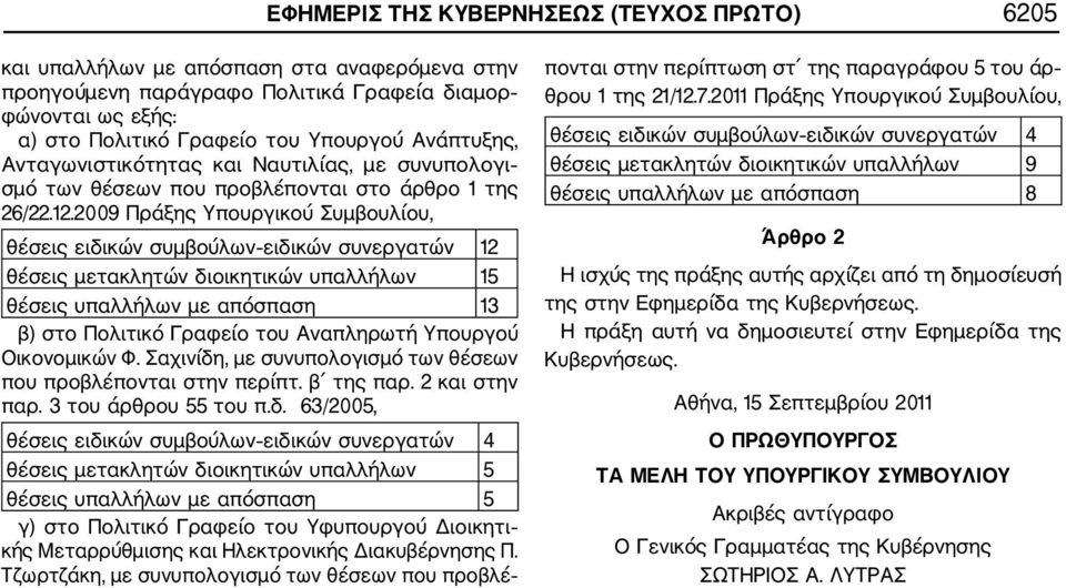 2009 Πράξης Υπουργικού Συμβουλίου, θέσεις ειδικών συμβούλων ειδικών συνεργατών 12 θέσεις μετακλητών διοικητικών υπαλλήλων 15 θέσεις υπαλλήλων με απόσπαση 13 β) στο Πολιτικό Γραφείο του Αναπληρωτή