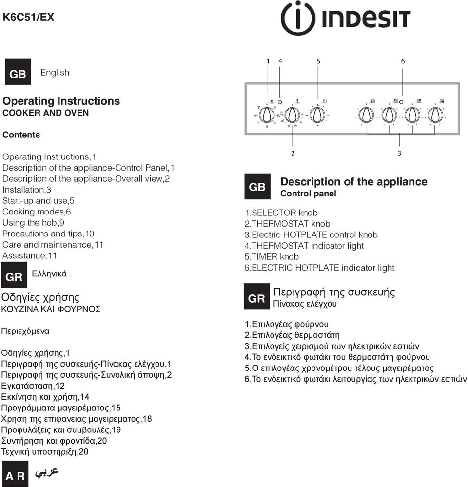 συσκευής-πίνακας ελέγχου, Περιγραφή της συσκευής-συνολική άποψη, Εγκατάσταση, Εκκίνηση και χρήση, Προγράμματα μαγειρέματος, Χρηση της επιφανειας μαγειρεματος,8 Προφυλάξεις και συμβουλές,9 Συντήρηση