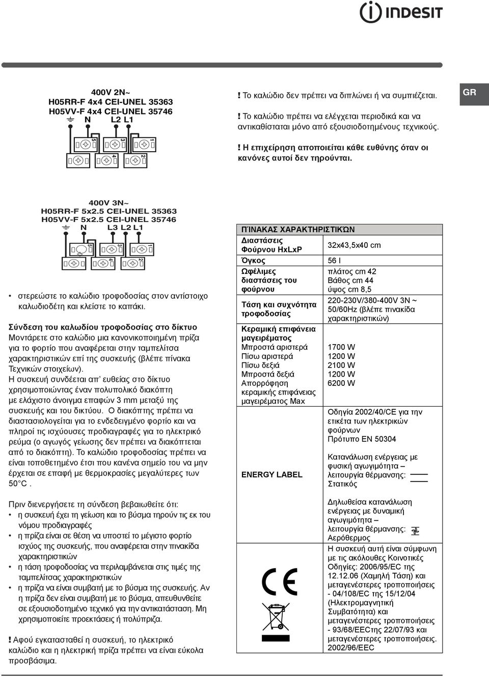 CEI-UNEL 6 H0VV-F x. CEI-UNEL 76 N L L L στερεώστε το καλώδιο τροφοδοσίας στον αντίστοιχο καλωδιοδέτη και κλείστε το καπάκι.