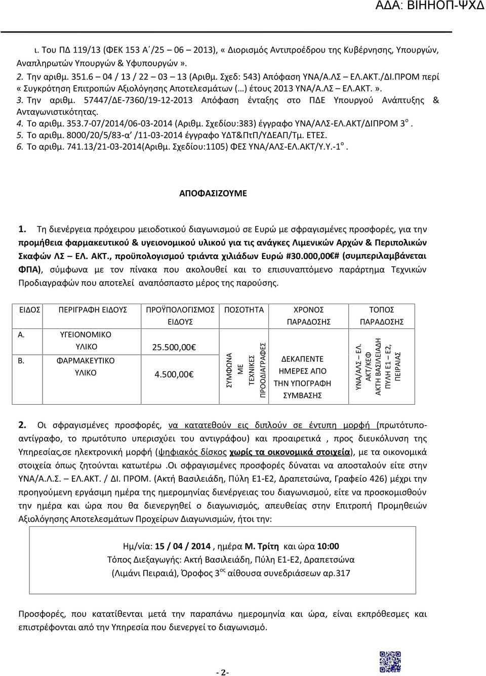 57447/ΔΕ-7360/19-12-2013 Απόφαση ένταξης στο ΠΔΕ Υπουργού Ανάπτυξης & Ανταγωνιστικότητας. 4. Το αριθμ. 353.7-07/2014/06-03-2014 (Αριθμ. Σχεδίου:383) έγγραφο ΥΝΑ/ΑΛΣ-ΕΛ.ΑΚΤ/ΔΙΠΡΟΜ 3 ο. 5. Το αριθμ. 8000/20/5/83-α /11-03-2014 έγγραφο ΥΔΤ&ΠτΠ/ΥΔΕΑΠ/Τμ.