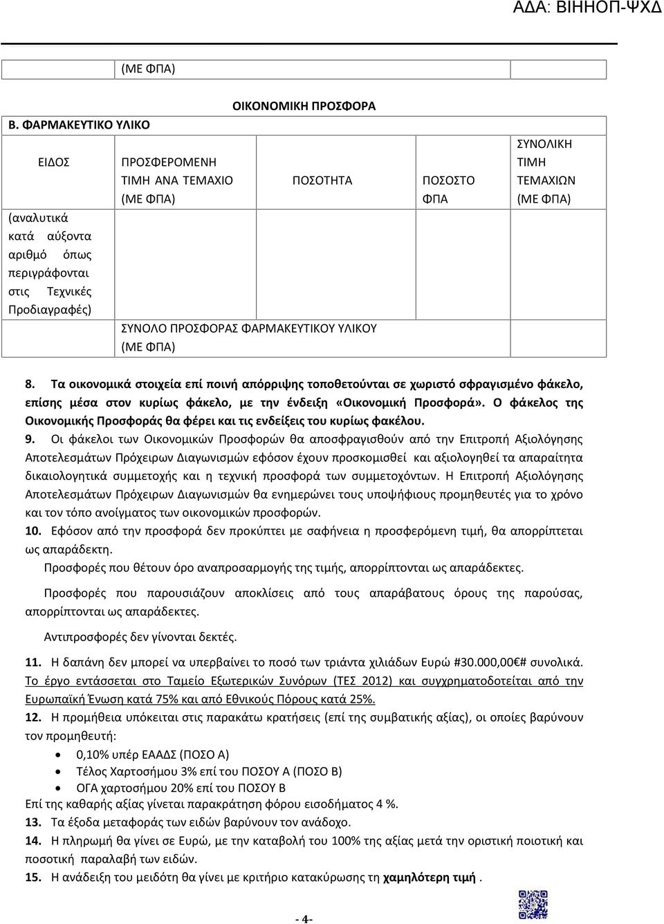 Τα οικονομικά στοιχεία επί ποινή απόρριψης τοποθετούνται σε χωριστό σφραγισμένο φάκελο, επίσης μέσα στον κυρίως φάκελο, με την ένδειξη «Οικονομική Προσφορά».