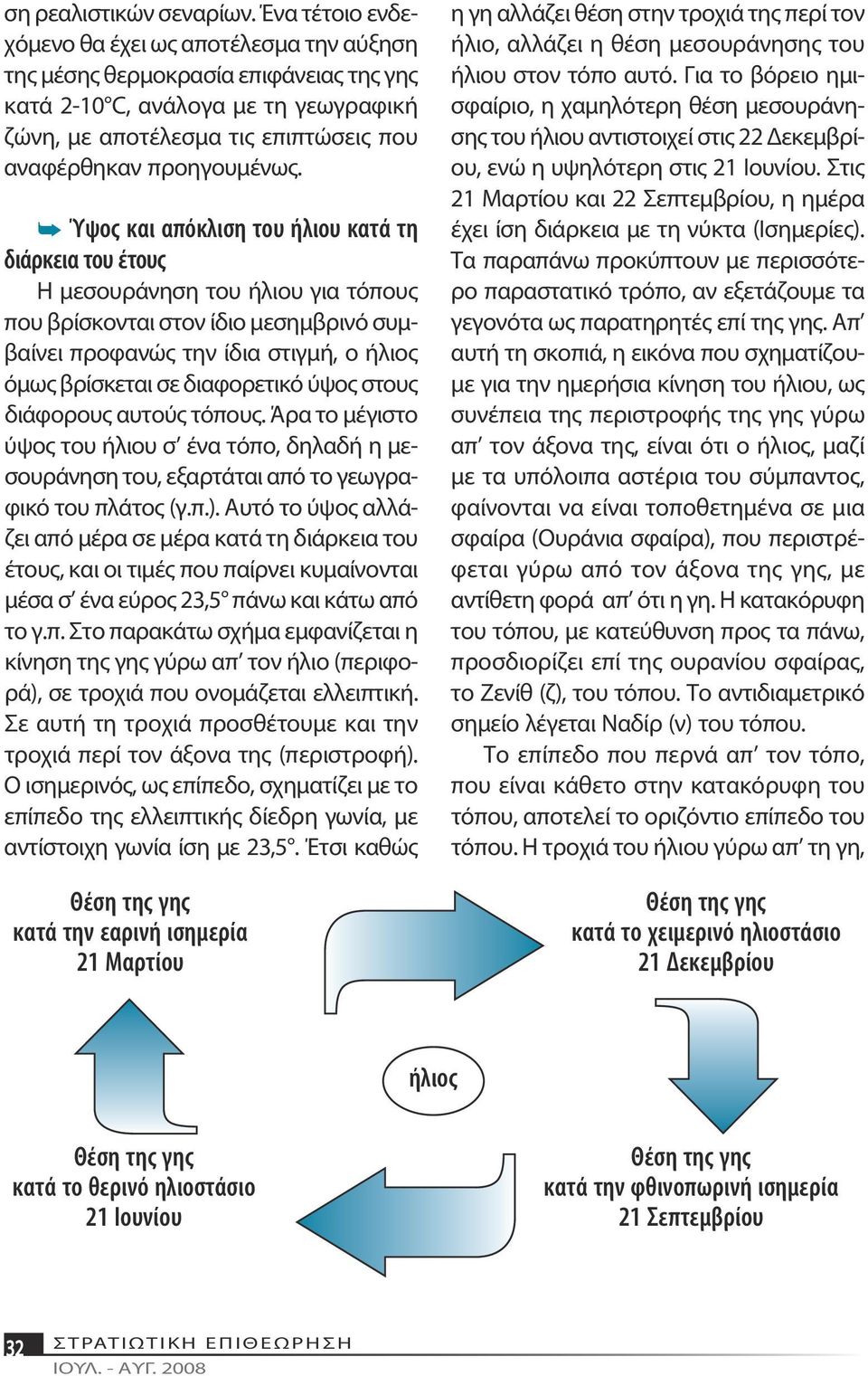 Ύψος και απόκλιση του ήλιου κατά τη διάρκεια του έτους Η μεσουράνηση του ήλιου για τόπους που βρίσκονται στον ίδιο μεσημβρινό συμβαίνει προφανώς την ίδια στιγμή, ο ήλιος όμως βρίσκεται σε διαφορετικό