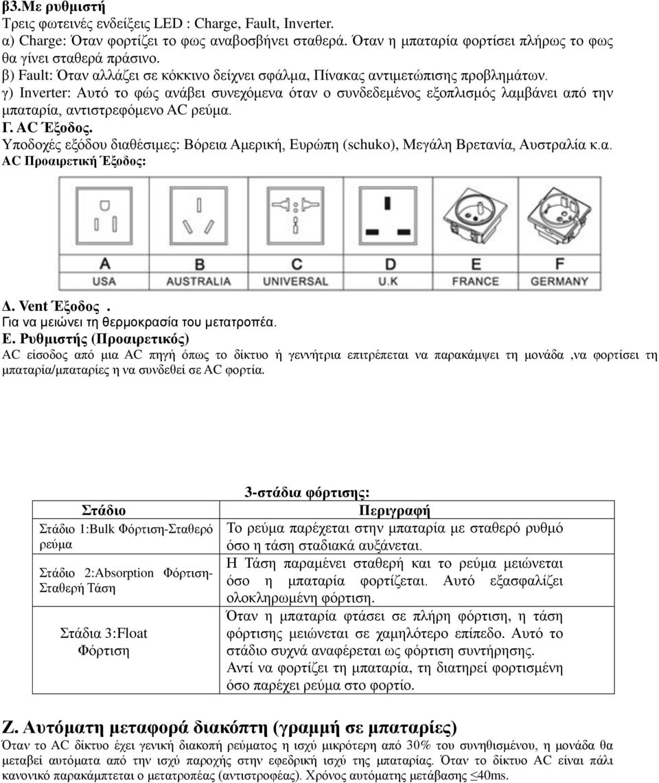 γ) Inverter: Αυτό το φώς ανάβει συνεχόμενα όταν ο συνδεδεμένος εξοπλισμός λαμβάνει από την μπαταρία, αντιστρεφόμενο AC ρεύμα. Γ. AC Έξοδος.