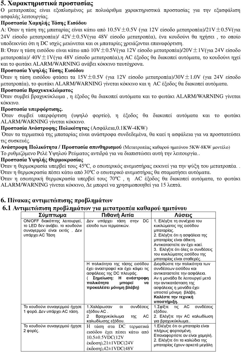 5V(για 48V είσοδο μετατροπέα), ένα κουδούνι θα ηχήσει, το οποίο υποδεικνύει ότι η DC ισχύς μειώνεται και οι μπαταρίες χρειάζονται επαναφόρτιση. B: Όταν η τάση εισόδου είναι κάτω από 10V±0.