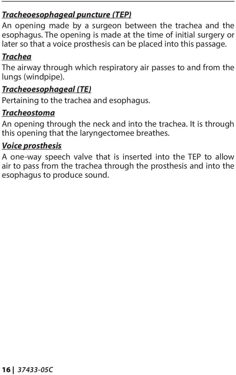 Trachea The airway through which respiratory air passes to and from the lungs (windpipe). Tracheoesophageal (TE) Pertaining to the trachea and esophagus.