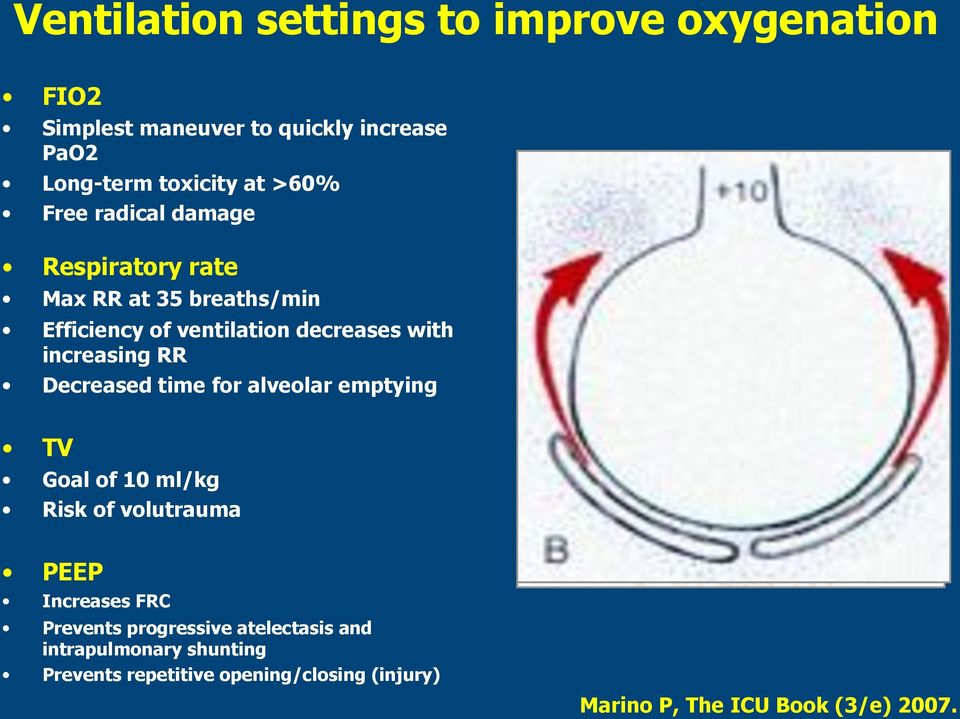 increasing RR Decreased time for alveolar emptying TV Goal of 10 ml/kg Risk of volutrauma PEEP Increases FRC Prevents