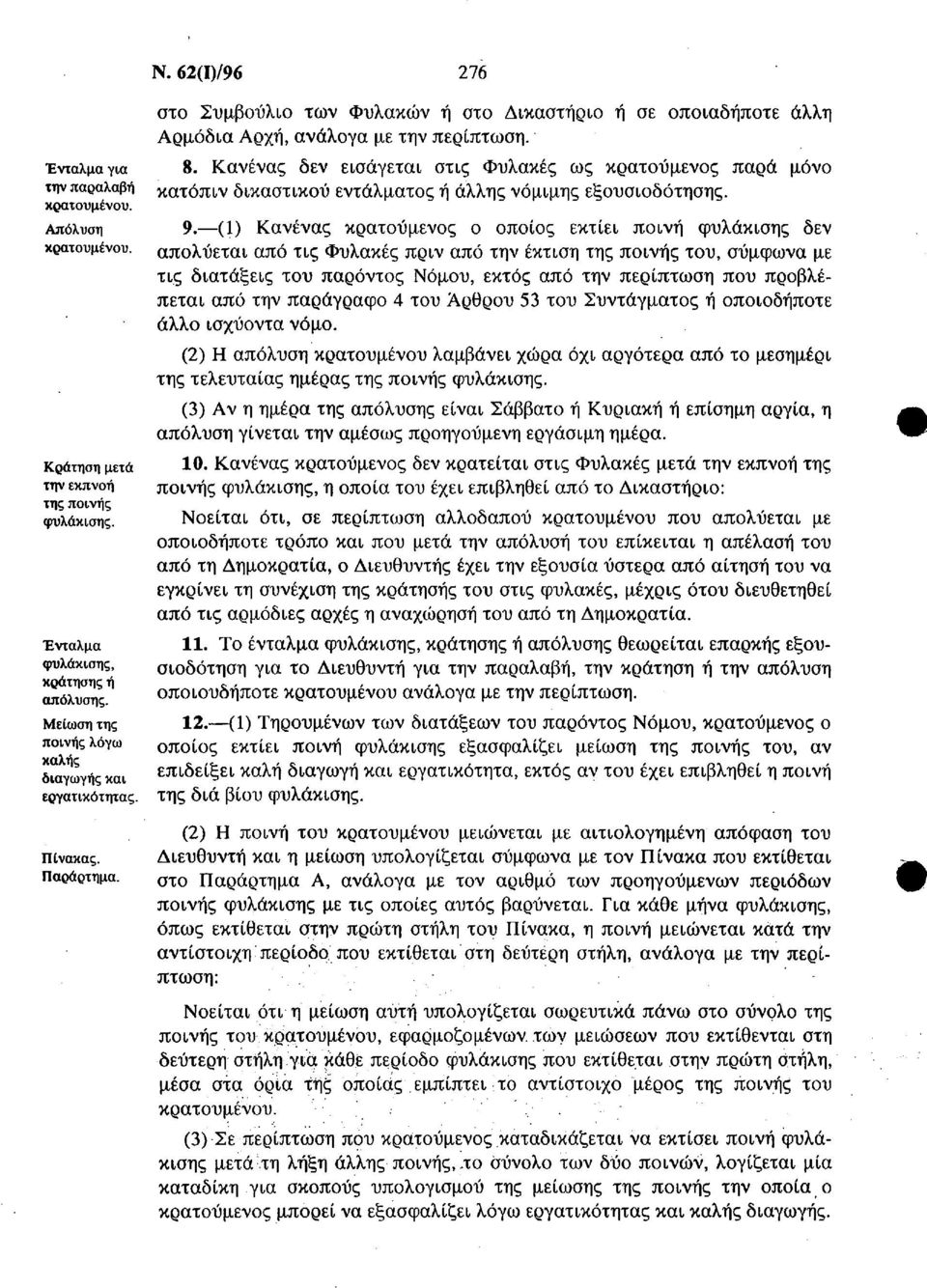 Κανένας δεν εισάγεται στις Φυλακές ως κρατούμενος παρά μόνο κατόπιν δικαστικού εντάλματος ή άλλης νόμιμης εξουσιοδότησης. 9.