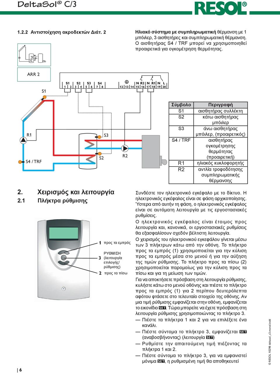 ARR 2 S1 R1 S4 / TRF S2 S3 R2 Σύμβολο S1 S2 S3 S4 / TRF R1 R2 Περιγραφή αισθητήρας συλλέκτη κάτω αισθητήρας μπόιλερ άνω αισθητήρας μπόιλερ, (προαιρετικός) αισθητήρας ογκομέτρησης θερμότητας