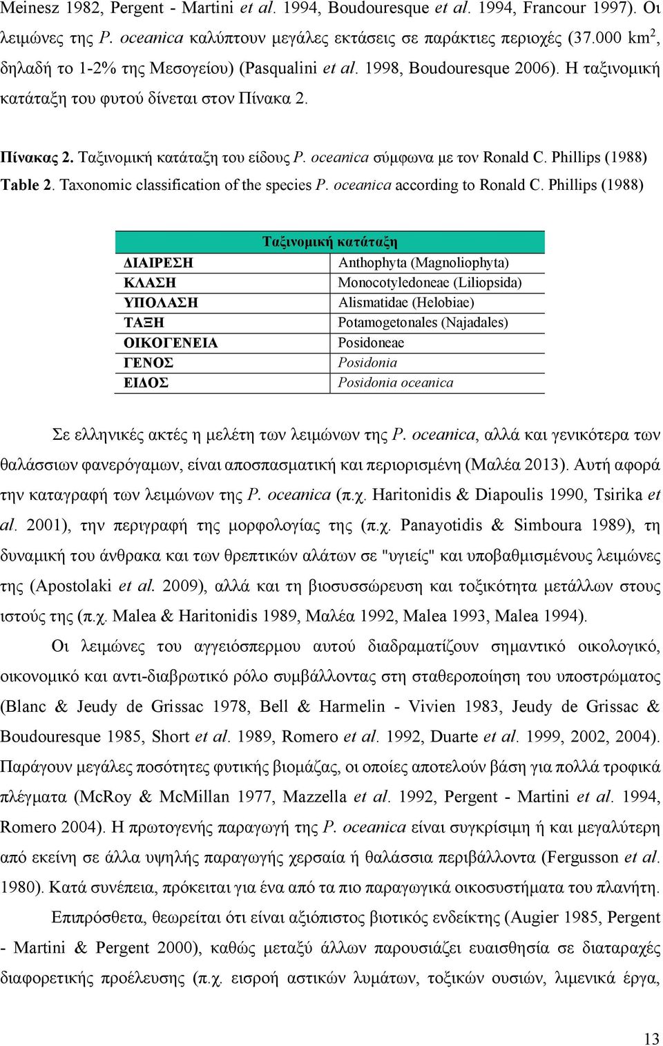 oceanica σύμφωνα με τον Ronald C. Phillips (1988) Table 2. Taxonomic classification of the species P. oceanica according to Ronald C.