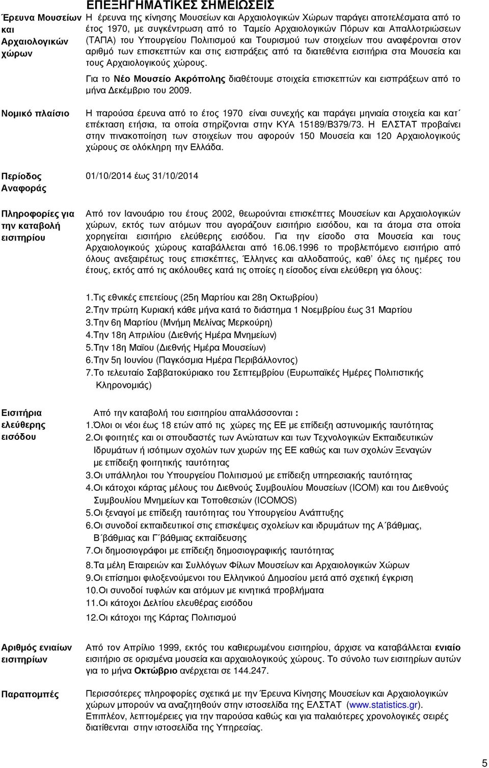 Μουσεία και τους Αρχαιολογικούς χώρους. Για το Νέο Μουσείο Ακρόπολης διαθέτουµε στοιχεία επισκεπτών και εισπράξεων από το µήνα εκέµβριο του 2009.