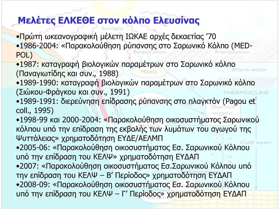 , 1991) 1989-1991: διερεύνηση η επίδρασης ρύπανσης στο πλαγκτόν (Pagou et coll.