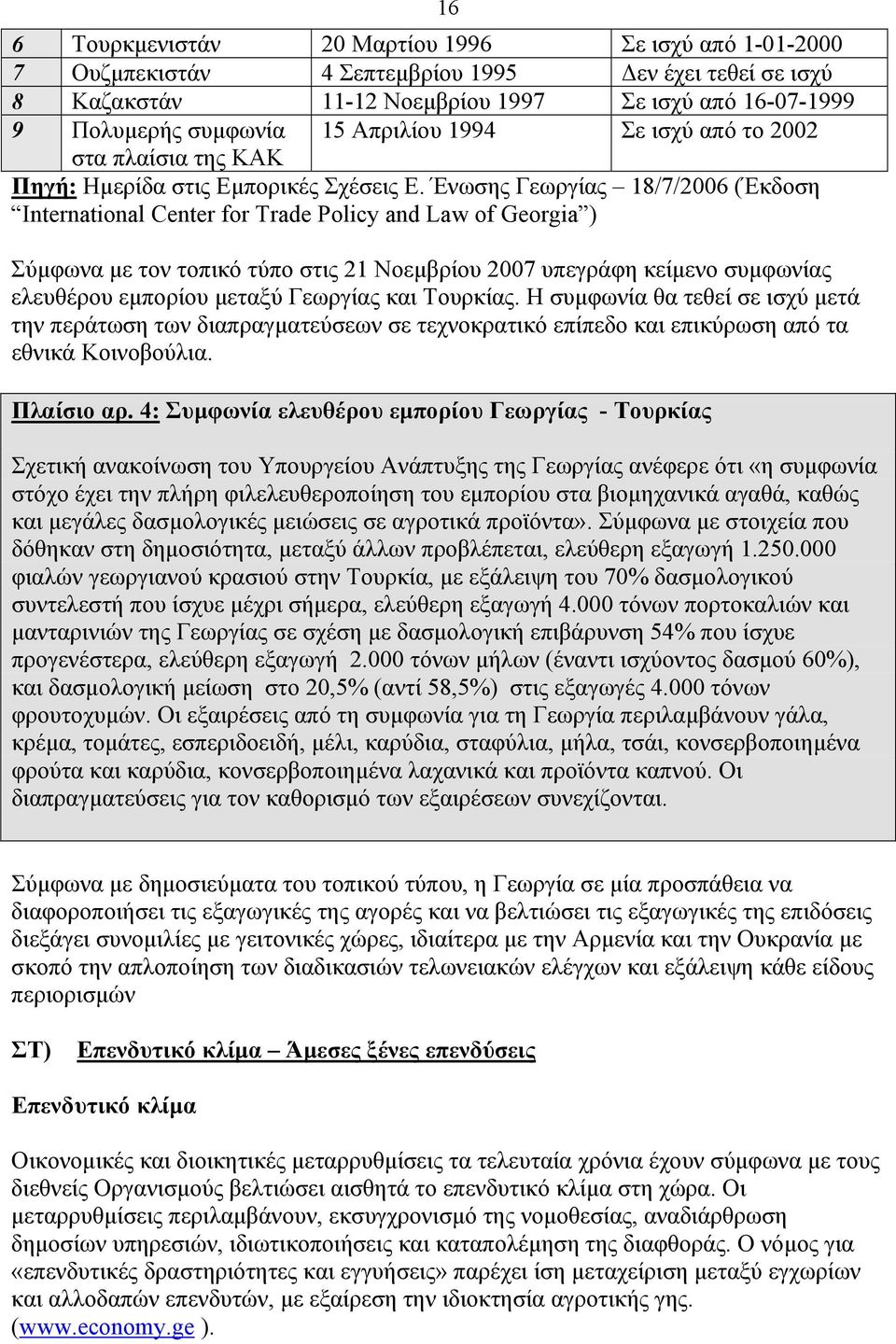 Ένωσης Γεωργίας 18/7/2006 (Έκδοση International Center for Trade Policy and Law of Georgia ) 16 Σύµφωνα µε τον τοπικό τύπο στις 21 Νοεµβρίου 2007 υπεγράφη κείµενο συµφωνίας ελευθέρου εµπορίου µεταξύ