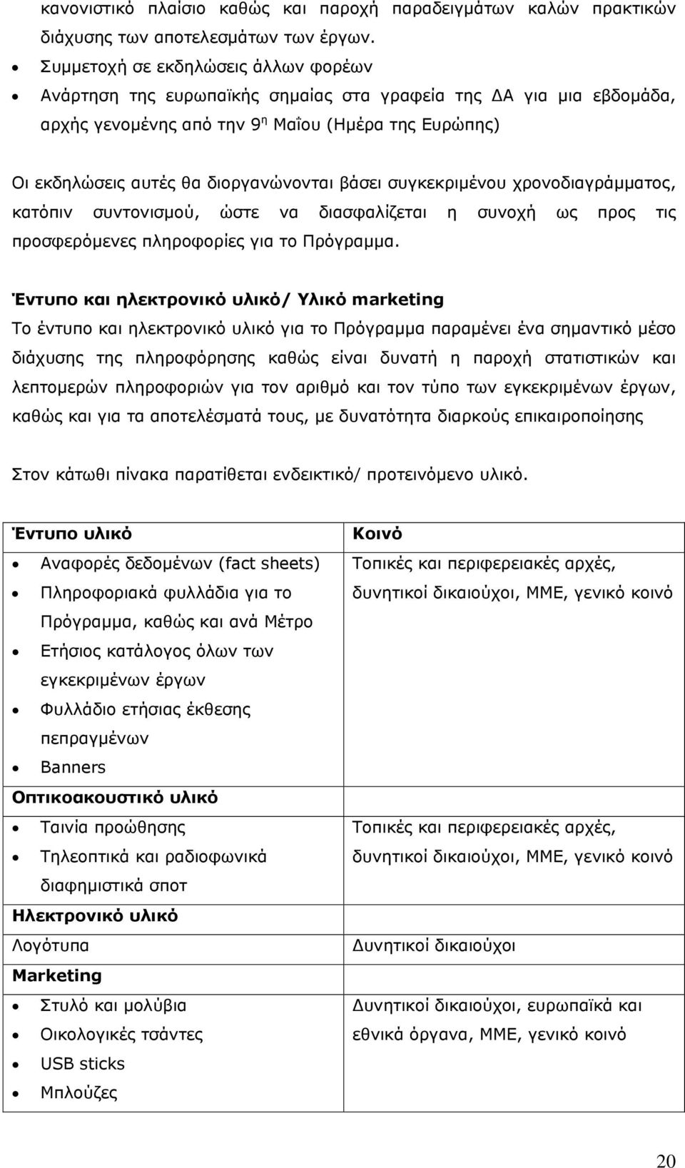 βάσει συγκεκριμένου χρονοδιαγράμματος, κατόπιν συντονισμού, ώστε να διασφαλίζεται η συνοχή ως προς τις προσφερόμενες πληροφορίες για το Πρόγραμμα.