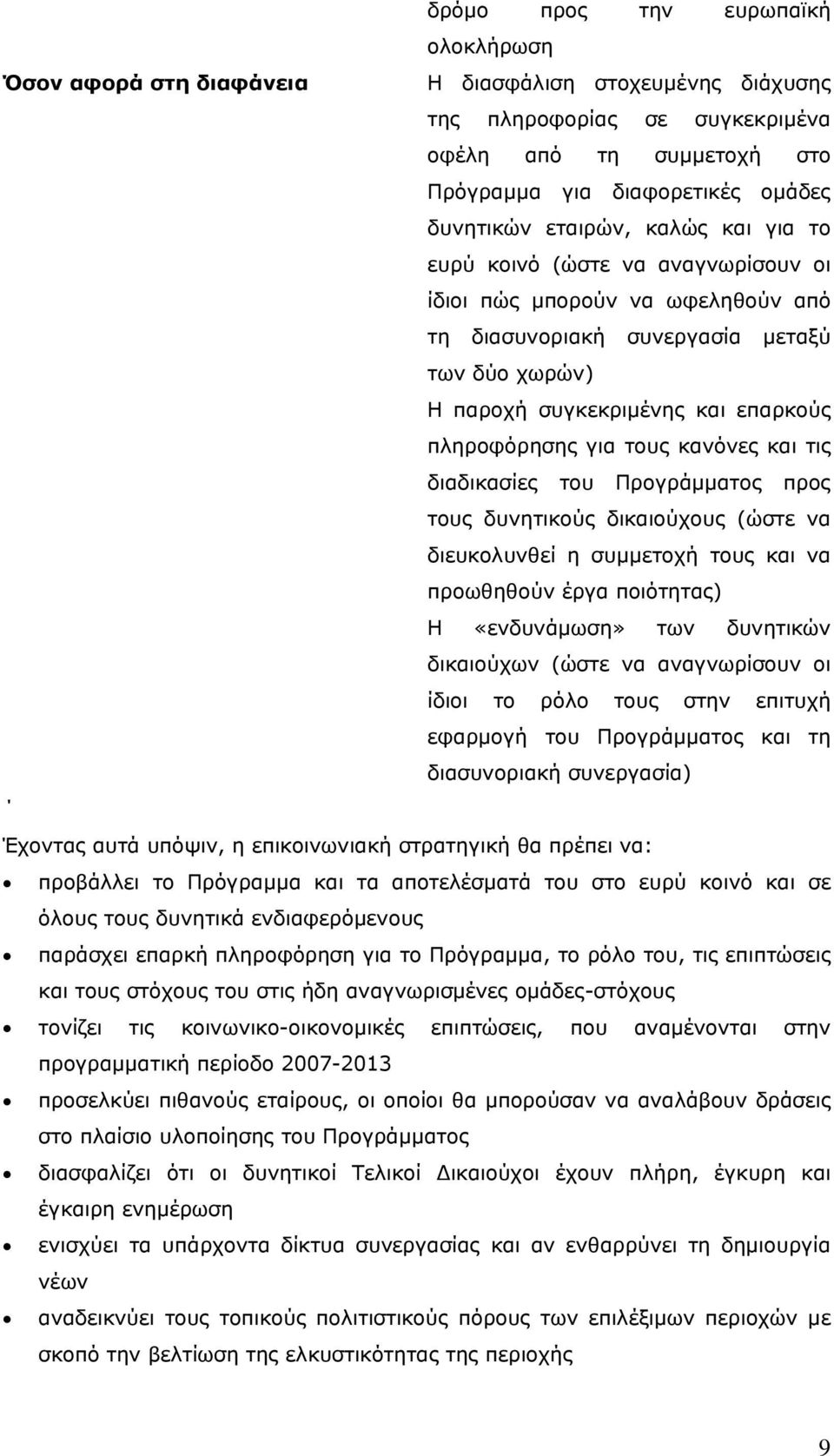 τους κανόνες και τις διαδικασίες του Προγράμματος προς τους δυνητικούς δικαιούχους (ώστε να διευκολυνθεί η συμμετοχή τους και να προωθηθούν έργα ποιότητας) Η «ενδυνάμωση» των δυνητικών δικαιούχων