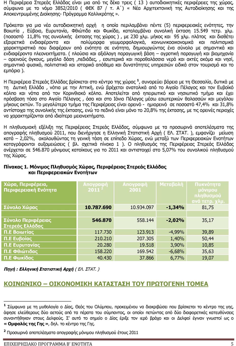 Πρόκειται για μια νέα αυτοδιοικητική αρχή η οποία περιλαμβάνει πέντε (5) περιφερειακές ενότητες, την Βοιωτία, Εύβοια, Ευρυτανία, Φθιώτιδα και Φωκίδα, καταλαμβάνει συνολική έκταση 15.549 τετρ. χλμ.