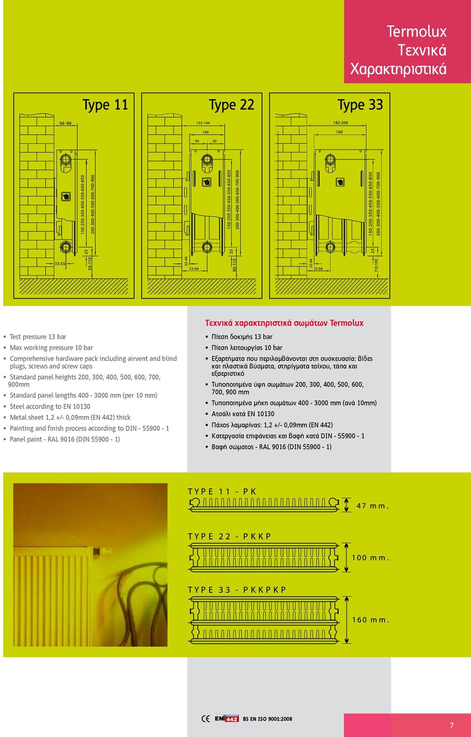 Panel paint - RAL 9016 (DIN 55900-1) Tεχνικά χαρακτηριστικά σωµάτων Termolux Πίεση δοκιµής 13 bar Πίεση λειτουργίας 10 bar Εξαρτήµατα που περιλαµβάνονται στη συσκευασία: βίδες και πλαστικά βύσµατα,